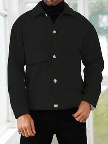 Manfinity Homme Áo khoác nam trơn một hàng khuy, áo sơ mi nam kéo khóa thời trang thu đông, áo khoác đen cho nam, áo sơ mi nam Shacket màu đen cho nam - màu đen - Xem 6