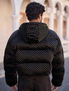 HIMLAND Men's Autumn/Winter Plaid Simple Zip-Up Hooded Long Sleeve Padded Coat, Winter - Black - View 2