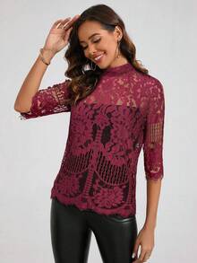 Amorya Women's Spring Stand Collar Lace Top