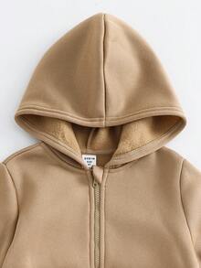 SHEIN 小男孩休闲夹克 Wtt 官方网站，男孩冬季外套，连帽拉链运动衫，学校，基本款上衣，冬季上衣，适合春季、夏季、秋季、冬季学校、花园、海滩、生日 - 卡其色 - 查看 4