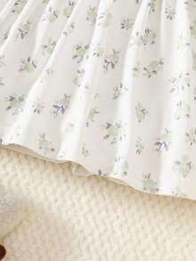 SHEIN 新生女婴粉色长袖拼布花卉蝴蝶结连衣裙，搭配优雅甜美可爱头饰，适合秋季日常户外休闲活动 - 綠色 - 查看 5