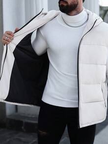 Manfinity CasualCool Plus Size Men's Solid Color Minimalist Casual Hooded Sleeveless Padded Vest, For Fall Winter