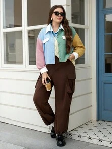SHEIN LUNE 大码女装秋冬女士休闲拼色前扣落肩加厚保暖夹克 - 彩色 - 查看 5