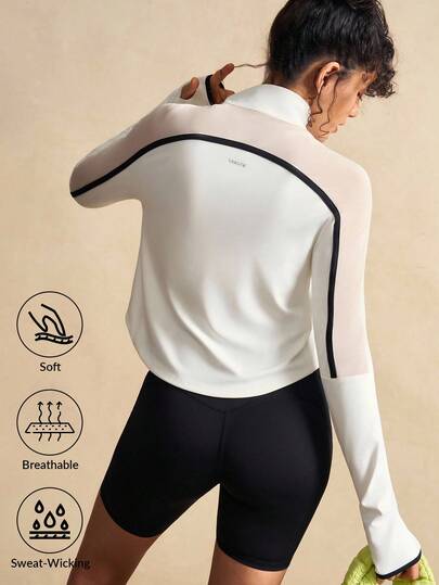 VARSIVA 撞色网眼拼布透视立领半拉链长袖运动T恤