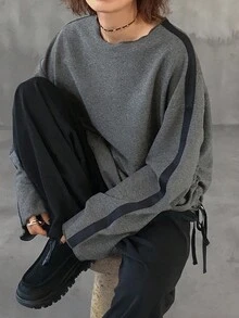 FRIFUL Women's Dark Grey Round Neck Contrast Stripe Decor Side Slit Drawstring Hem Design Cuff & Hem Binding Dropped Shoulder Loose Casual Versatile Long Sleeve T-Shirt, Autumn - Grey - View 5