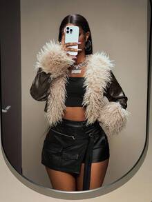 Slaydiva 2025 Autumn And Winter New Street Casual Brown Fitted PU Splicing Fur Collar Long Sleeve Cropped Women Jacket, Suitable For Daily Travel, Commuting, Party Gatherings, Festivals, Travel, Casual Street, Back To School, Hot Girls, Nightclubs-A