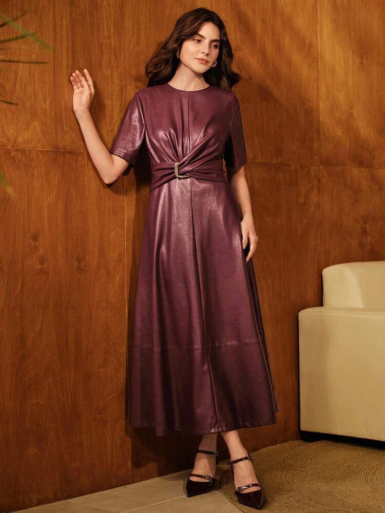Elegant Round Neck Short Sleeve Cross Twist Decor PU Long Dress For Women, Suitable For Fall, Summer, Teacher's Day, New Year, Casual, Christmas, Party, Burgundy