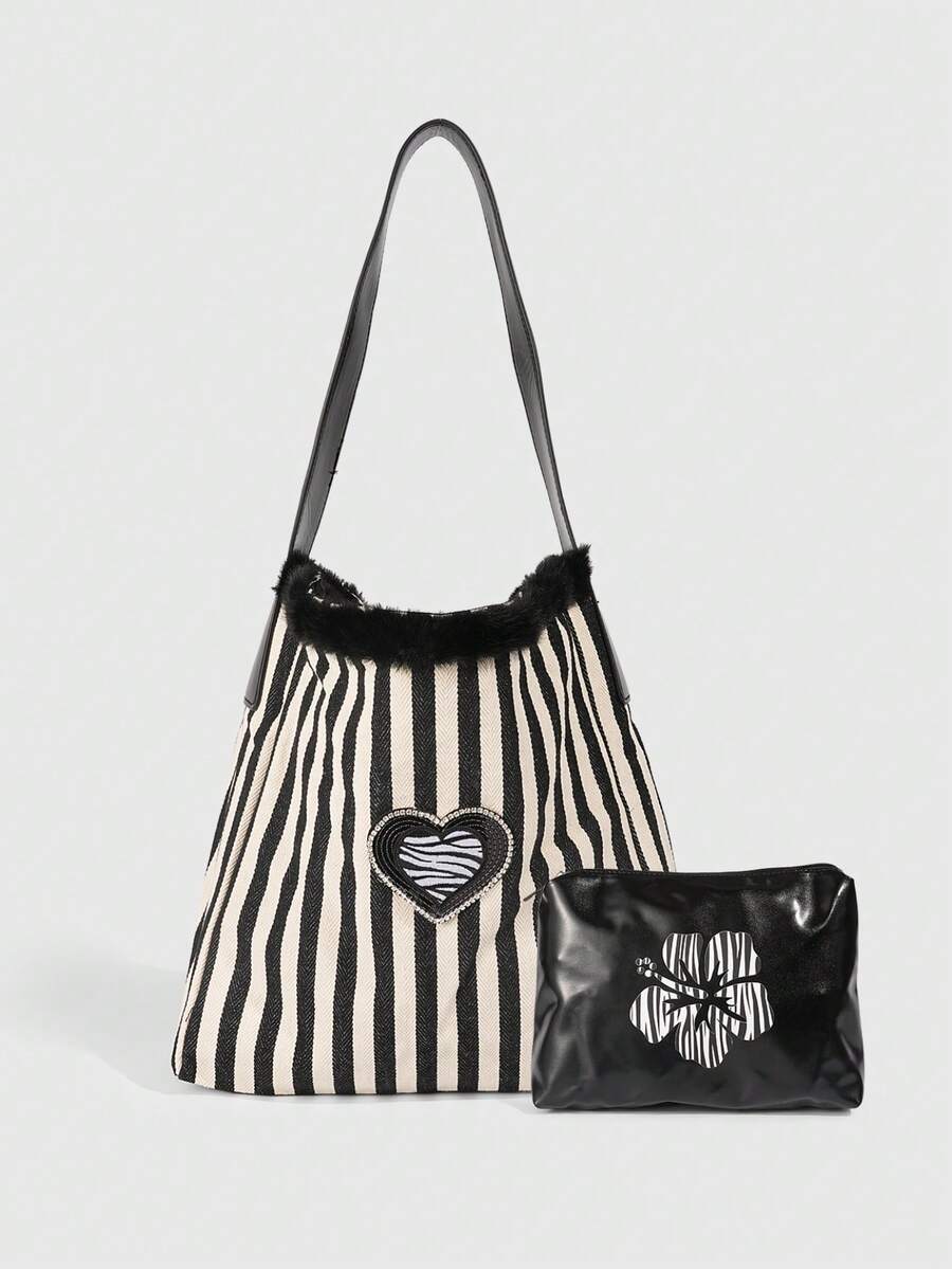 ROMWE 2 Pcs Retro Style Black And White Striped Fur Edge Decoration Women's Shoulder Bag, Large Capacity Flower Printed Mother And Bag, Suitable For Daily Travel In Autumn And Winter, Leopard Print Heart-Shaped Decoration Commuting Bag - Black and White - View 1