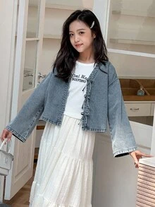 DAZY 少女休闲水洗牛仔蝴蝶结装饰喇叭袖衬衫 - 藍色 - 查看 7
