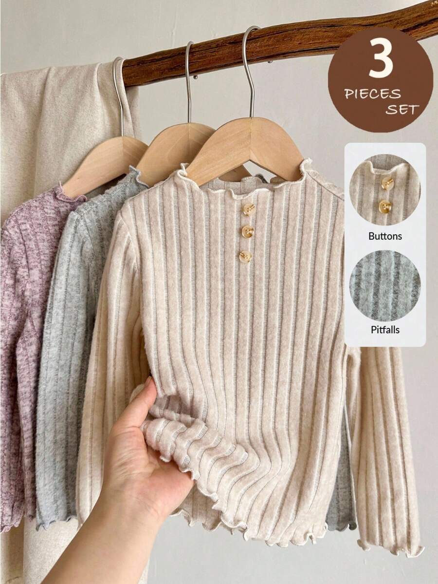 LMoss Kids LMoss 三件套女童纯色波浪领休闲T恤，秋季/冬季套装，长袖，秋冬上衣