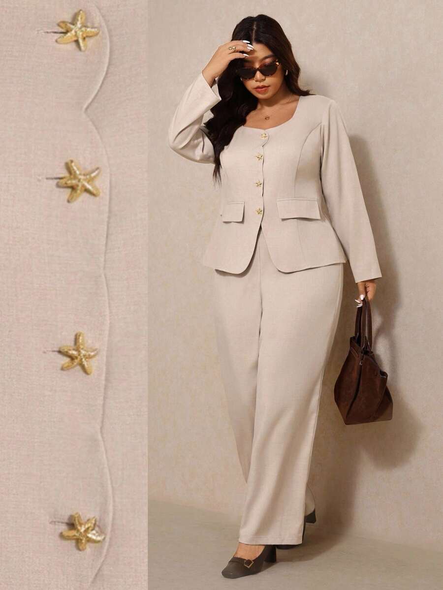 Elaquor Plus Size Elegant Solid Color Blazer And Pants Two Pieces Suit, Office Wear Classy Pant Suit Set Women Dressy Pant Suit Plus Size Two Pieces Outfit Two Pieces Pant Set Women Women Dressy Two Pieces Set Plus Size Pant Suit Beige Two Pieces Set