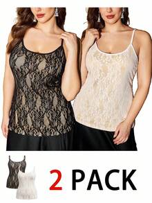 Auralis 2pcs/Set Plus Size Women Lace Camisole Tops (Black & White) - Multicolor - View 3