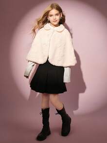 Girls' Casual Lapel Faux Fur Poncho Jacket,Bow Decor Jacquard Fabric Apricot Autumn Cool Girl Aesthetic Wedding Guest Outing Party School Travel - White - View 4