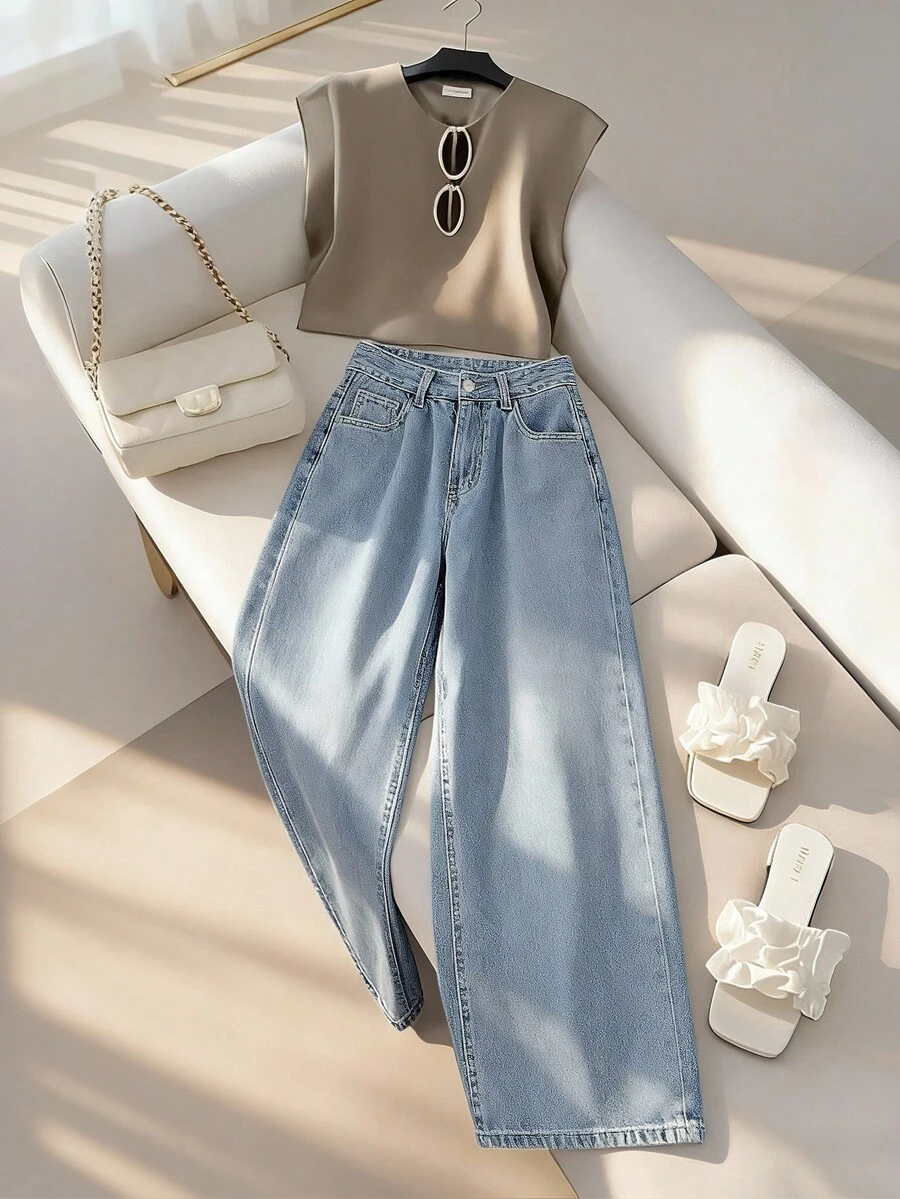 Qadelle Solid Color Wide Leg Jeans Y2k - Light Wash - View 1