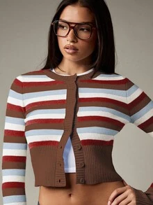 MISSGUIDED 潮流引领者纽扣前短款条纹开衫修身腰部针织毛衣秋冬 Y2K 时尚经典学院风针织衫 - 棕色 - 查看 6