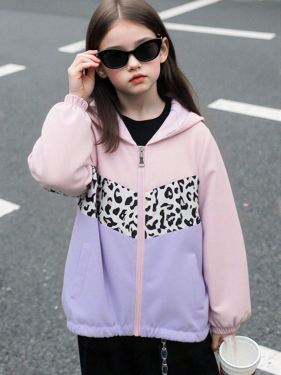 SHEIN Chaqueta con capucha con cremallera para niñas en otoño, diseño de estampado digital de bloques de color y estampado de leopardo, diseño de moda versátil para otoño e invierno - Rosa - Ver 1