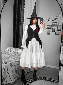 SHEIN Whyspr 哥特式宽松蝙蝠背心百搭泡泡袖连衣裙，适合万圣节穿着 - 黑與白 - 查看 5