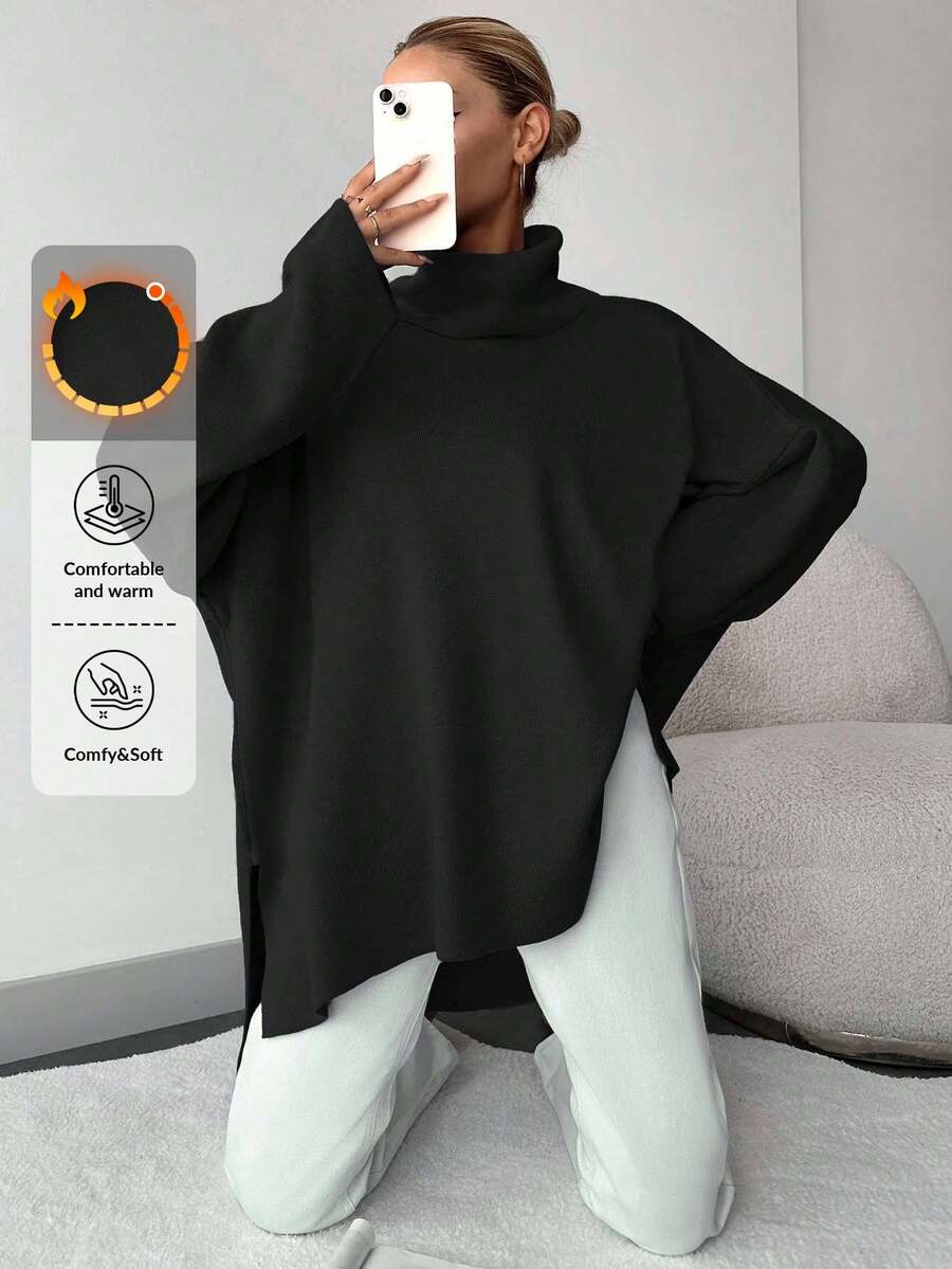 EURMUSE Women's Solid Color High Neck Asymmetric Hem Casual Long Sleeve Pullover Sweater - Black - View 1
