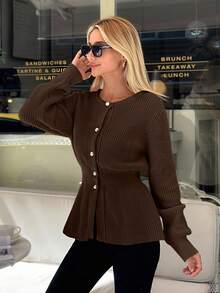 Women Solid Color Front Button Round Neck Cardigan