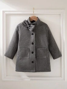 SHEIN 4-7岁女童法式复古长款及膝外套，单排扣高领大蝴蝶结设计，灰色格子面料，秋冬季 - 灰色 - 查看 3