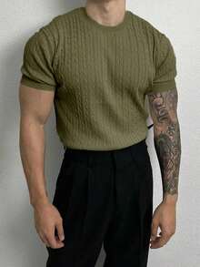 Manfinity Homme Men's Solid Color Cable Knit Crew Neck Casual Short Sleeve Sweater Knit Top Men Men S Textured Shirt - Army Green - View 3