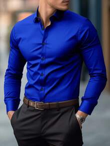 Manfinity Mode Camicia casual versatile da uomo in colore unito, camicia elegante blu reale per uso quotidiano, tempo libero, weekend, attività all'aperto, viaggi, ambienti di lavoro rilassati o occasioni semi-formali, regalo per il fidanzato/marito, regalo per l'anniversario, autunno, top a maniche lunghe