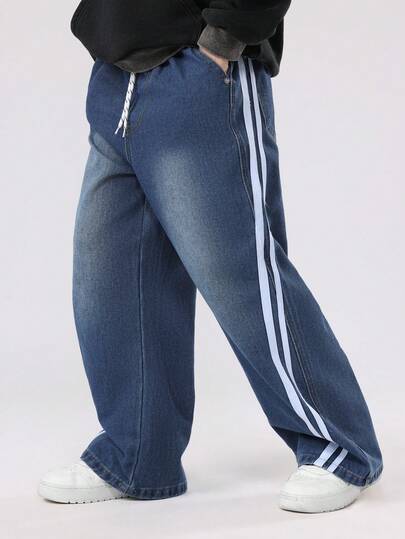 SUMWON Bomull Vintage Vida Ben Jeans Casual Sidorandiga Ungdoms Denimbyxor Dubbla Vita Linjer Streetwear Skaterstil Dragsko Midja Hela Säsong Vardagskläder