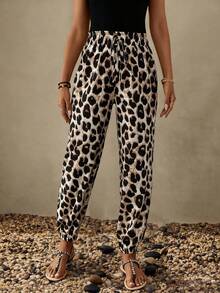 SHEIN LUNE Women's Vintage Leopard Print Elastic Waistband Pants With Ruffled Cuffs For Summer Casual, Holiday