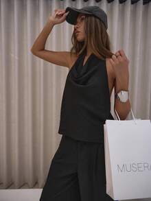 MUSERA Top sin mangas de cuello halter con espalda baja drapeada, elegante y sexy para salir, otoño, invierno, fiestas, vacaciones, primavera y verano - Negro - Ver 4