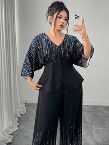 Modelyn 2pcs Plus Size Women Star Print V-Neck Top & Pants Set - Mint Blue - View 4