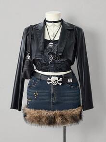 Sunspun Vintage Distressed Patchwork American Style Denim Mini Skirt - Blue - View 1