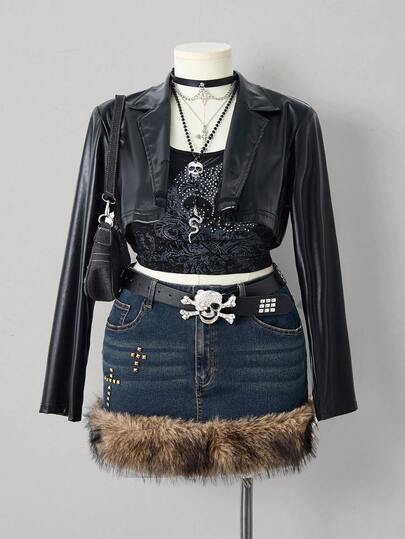 Sunspun 复古做旧拼布美式牛仔迷你裙