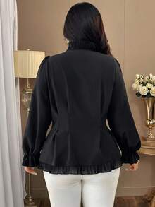 Auvina Plus Size Women V-Neck Lace Patchwork Ruffle Hem Fitted Long Sleeve Button Down Blouse Fall - Black - View 2