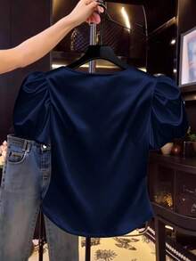 Franclia قميص تي شيرت كاجوال من الساتان بأكمام منتفخة للنساء - أزرق بحري - مشاهدة 2