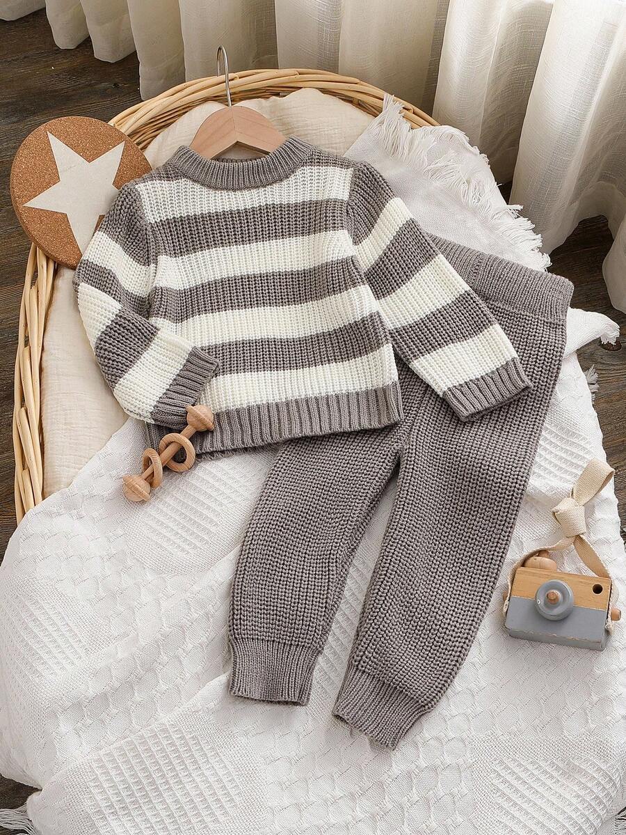 SHEIN Vintaside Kids Baby Boy Contrast Stripe Round Neck Long Sleeve Knit Casual Pullover Sweater Set Fall Winter Autumn And Winter Two Piece Suit Baby Boy Knitted Set Knit Two Piece Toddler Knit Baby Outfit Neutral Baby Clothes Unisex - Grey - View 1