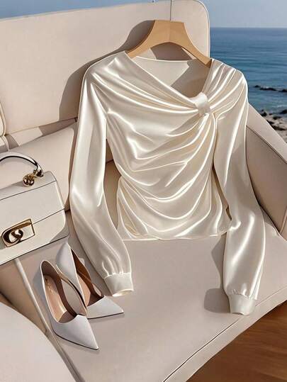 Franclia Camisa casual de popelina para mujer, blusa con cuello asimétrico, ropa para la universidad en otoño para mujeres