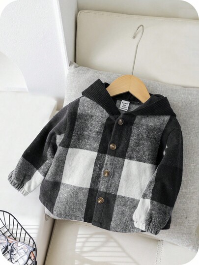 SHEIN Casual Plaid Patchwork Button Front Shacket For Baby Boys And Girls Jacket For Baby Boy,In Fall/Winter