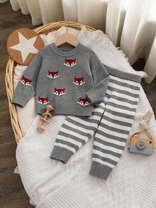 SHEIN 幼儿男童毛衣套装，狐狸条纹提花宽松毛衣两件套，适合秋冬季