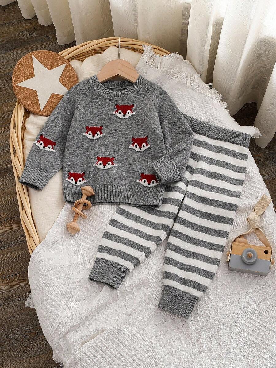 SHEIN 幼儿男童毛衣套装，狐狸条纹提花宽松毛衣两件套，适合秋冬季