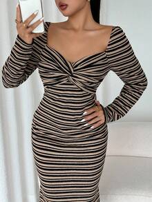 Modelyn Vestido feminino listrado de outono/inverno com zíper e manga comprida, elegante e justo, multicolorido - Multicolorido - Ver 3