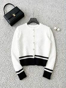 SHEIN Clasi Elegant Romantic Striped Round Neck Cardigan With Metal Button Decor, Black & White Knit Sweater For Women, Autumn - Black and White - View 1