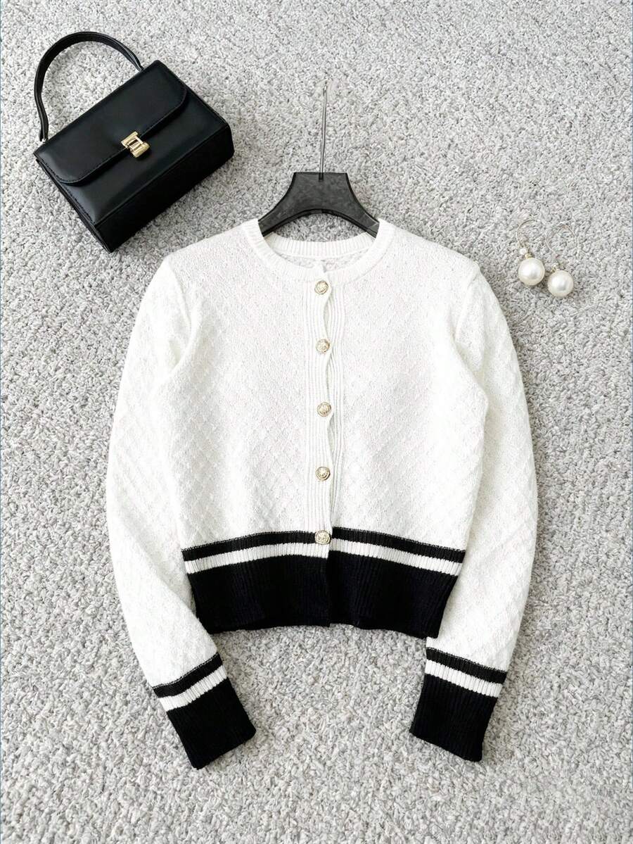 SHEIN Clasi Elegant Romantic Striped Round Neck Cardigan With Metal Button Decor, Black & White Knit Sweater For Women, Autumn - Black and White - View 1