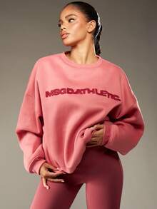 MISSGUIDED 毛巾贴花经典圆领运动衫超大冬季套头衫休闲家居服街头服饰长袖落肩运动休闲 - 玫紅色 - 查看 4