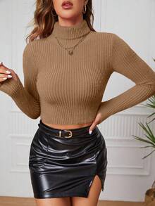 INAWLY 女式纯色高领插肩袖短款休闲套头衫 - 卡其色 - 查看 4