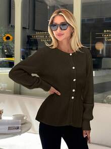 EURMUSE Áo len cardigan cổ tròn cài nút phía trước màu trơn cho nữ - xanh quân đội - Xem 3