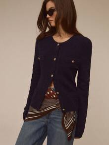 ATUI Studio Women's Vintage Round Neck Long Sleeve Knitted Cardigan, Fashion, Simple, Versatile, Casual Style Loose Knit Sweater For Autumn