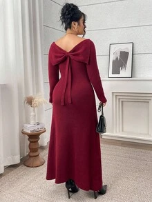 Modelyn 秋季大码女式优雅针织长袖连衣裙，纽扣设计，后背蝴蝶结装饰 - 酒紅色 - 查看 6