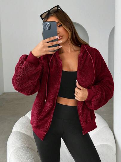 Siren Gaze Women's Solid Color Fluffy Hooded Sweatshirt Sweatshirt, Warm Thick Fleece Hoodies For Ladies, Autumn/Winter , Fall,Long Sleeve Tops Graduation,Back To School Outfits,Graduation,Teacher Outfits For Women,Back To School Christmas Red New Year Burgundy Casual Valentine's Day