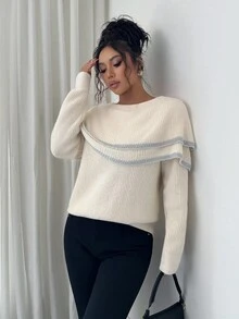 Elenzga 女士圆领双层荷叶边毛衣 - 杏色 - 查看 6