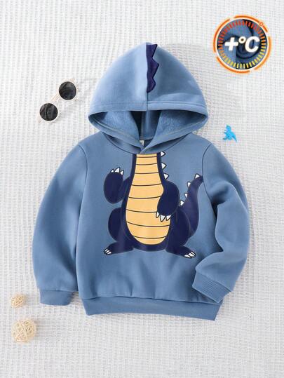 Cozy Pixies Sudadera con capucha de manga larga de punto suave con estampado de dinosaurio de dibujos animados para niño pequeño en otoño/invierno